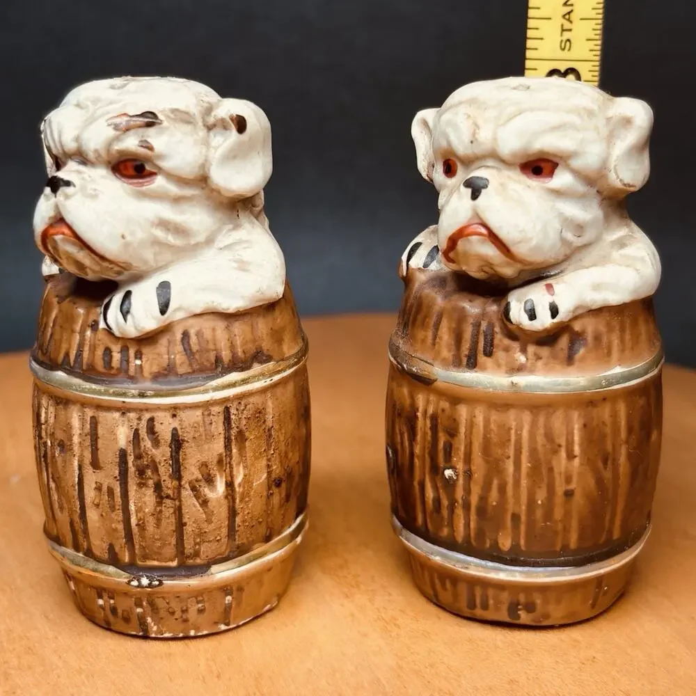 Vintage Japan Bulldog Puppy in Barrel Salt & Pepper Shakers Ceramic Dog Pair